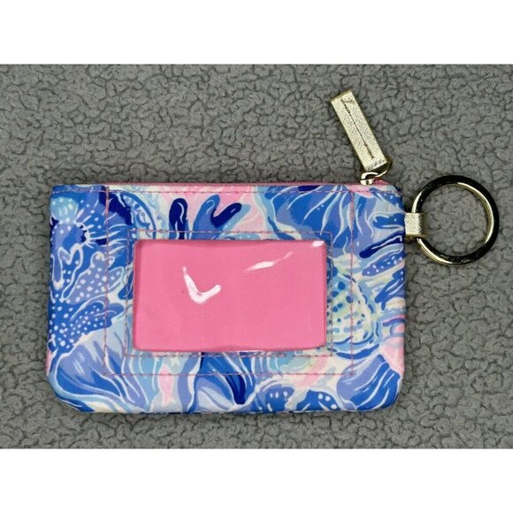 Lilly Pulitzer Card Holder Card Wallet Floral Gold ID Window Keyring Zip Closure - Picture 1 of 5